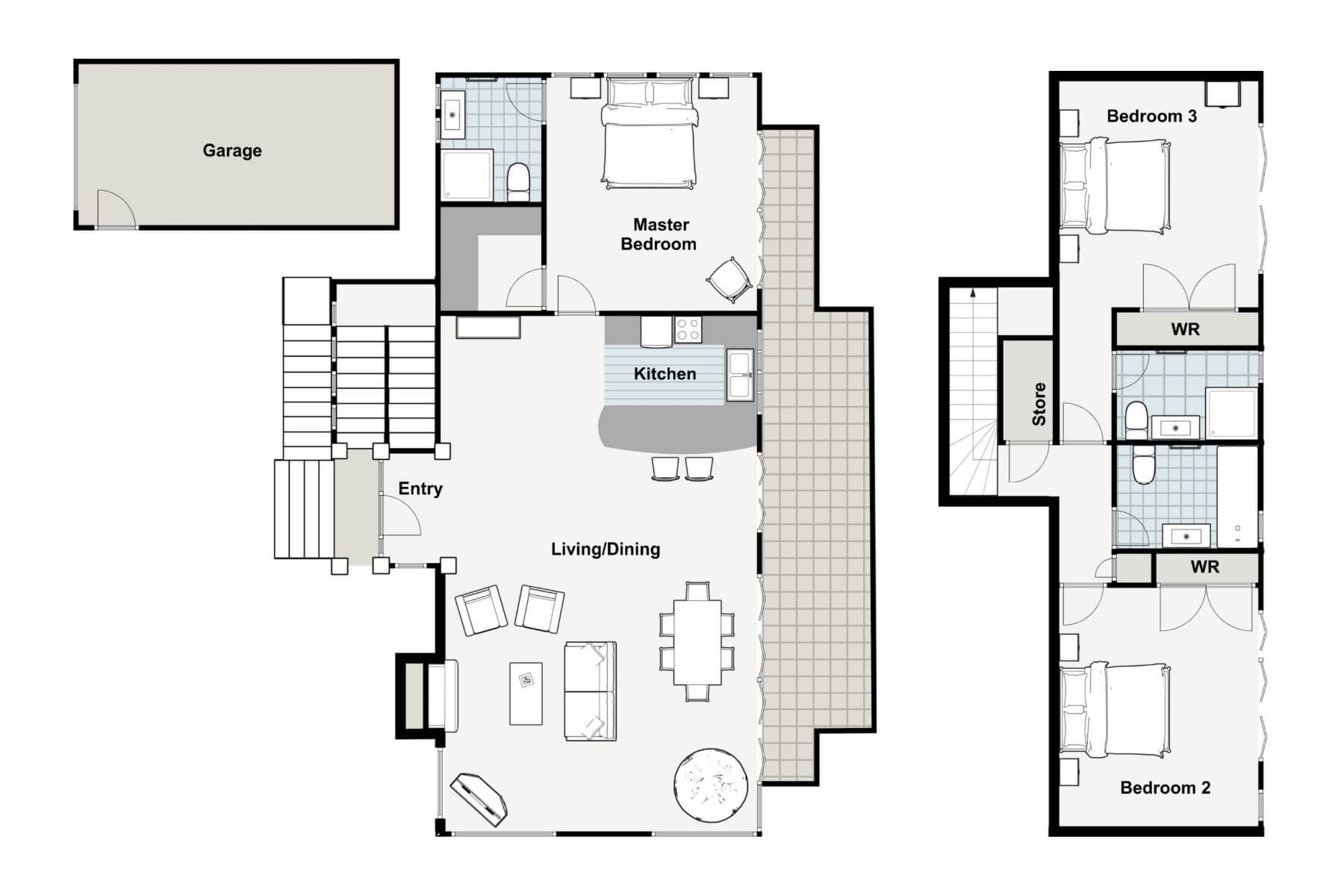 Example floor plan: three-bedroom house in Queenstown