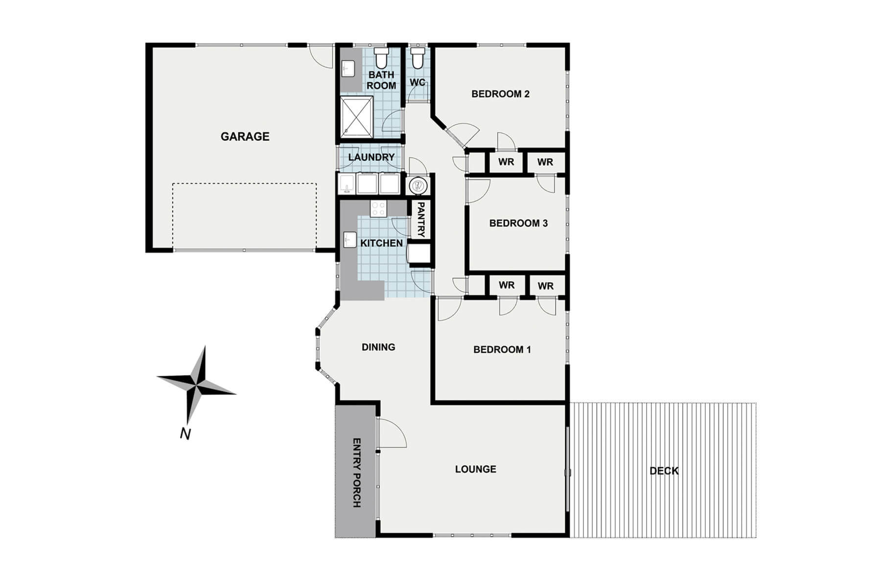 Example floor plan: three-bedroom house in Whangārei